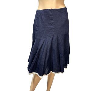 Lauren Ralph Lauren Navy Flared 100% Linen Skirt Size 14 White Trim